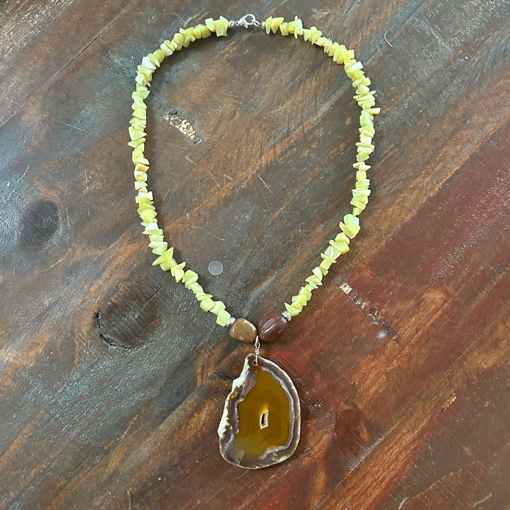 Genuine Lime Green Jade And Geode Slice Pendant Necklace 18.5 Inches